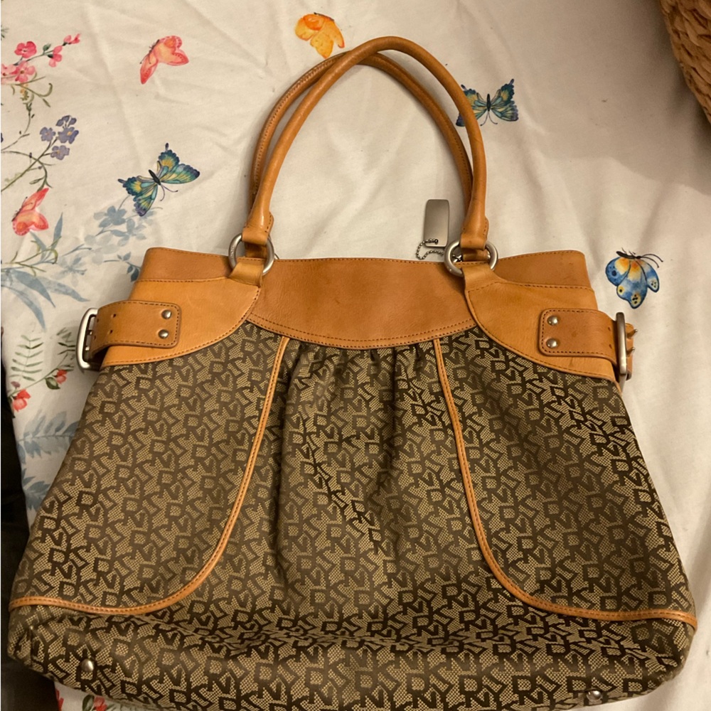 Y2k DKNY Brown Monogram Shoulder Tote with Tan Trim